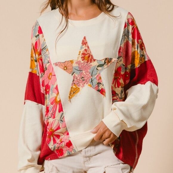 ◇ BiBi Graphic Star Patch Baggy Shirt ColorBlock Detail - Picture 8 of 15